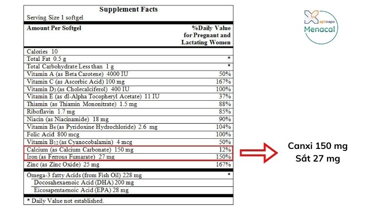 Hàm lượng sắt và canxi có trong sản phẩm Prenatal