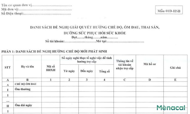 Mẫu 01D-HSB gửi cơ quan BHXH