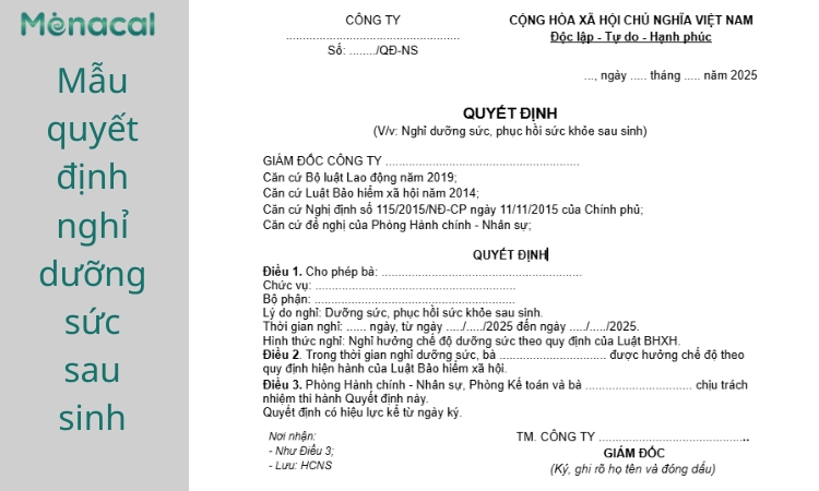 Mẫu quyết định nghỉ dưỡng sức sau sinh
